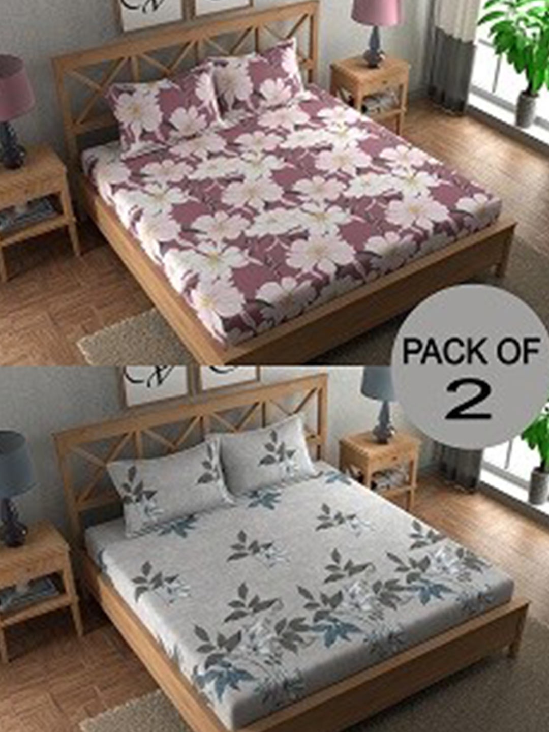 

CHHAVI INDIA Purple & Grey Floral 210 TC 2 Queen Bedsheet with 4 Pillow Covers