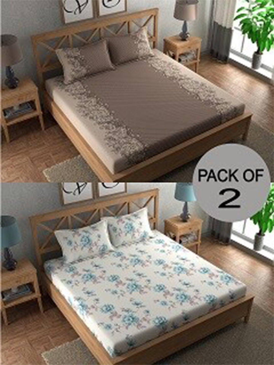 

CHHAVI INDIA White & Grey Floral Polycotton 210 TC 2 Queen Bedsheet With 4 Pillow Covers