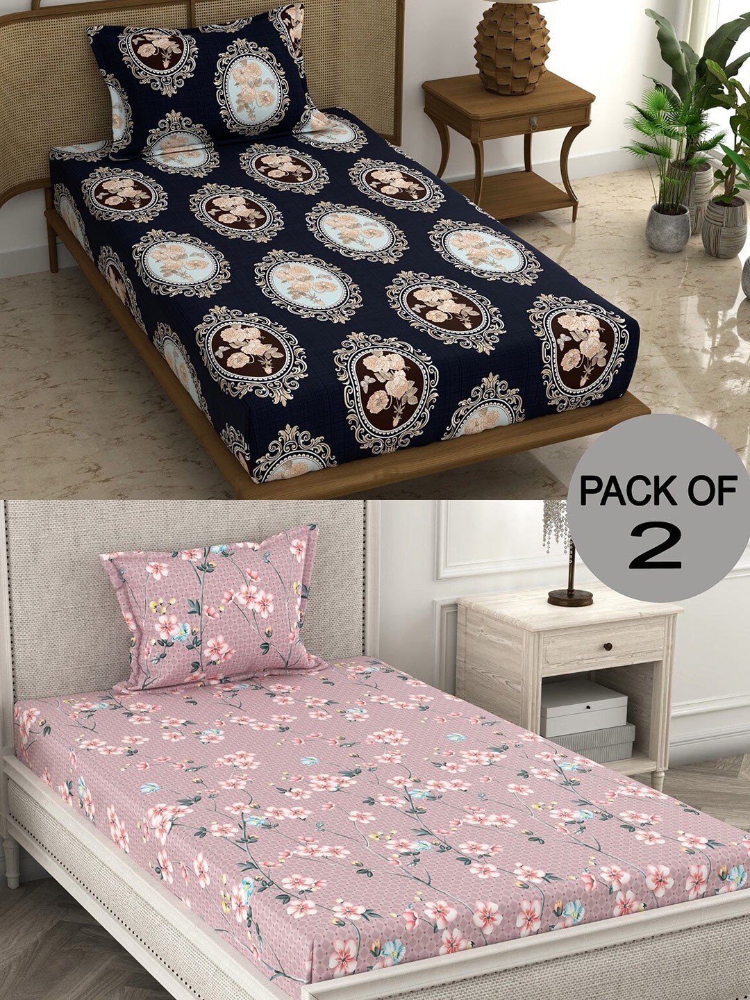 

CHHAVI INDIA Purple Floral Polycotton 210 TC 2 Single Bedsheet & 4 Pillow Covers