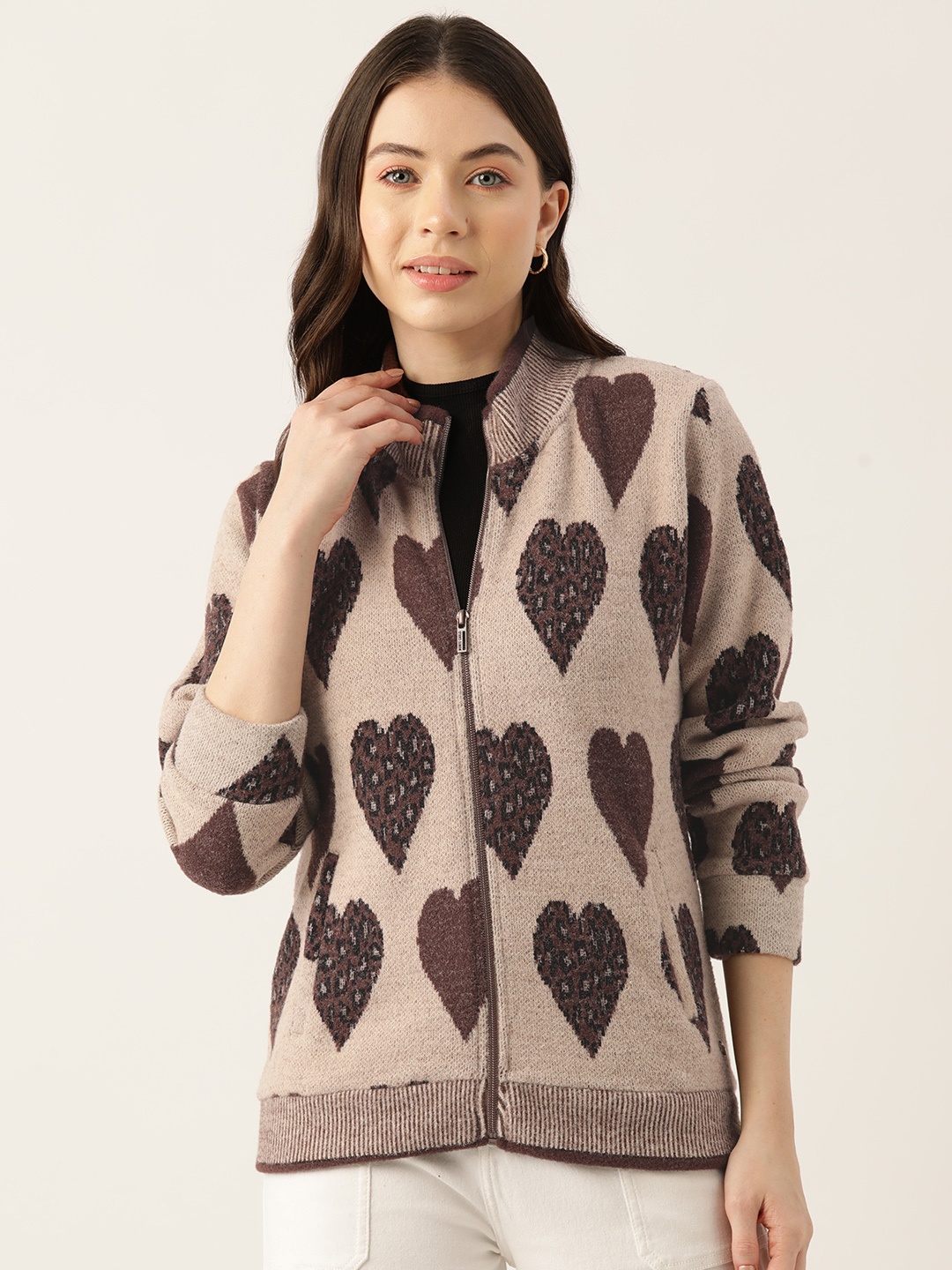 

Monte Carlo Women Self Design Zipper Cardigan, Brown