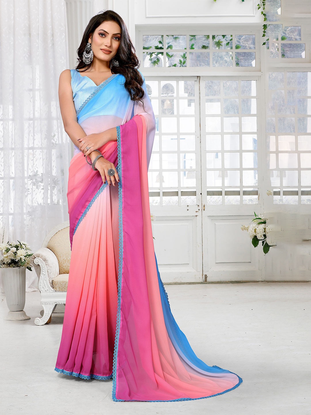 

TEREZA Ombre Pure Georgette Saree, Blue