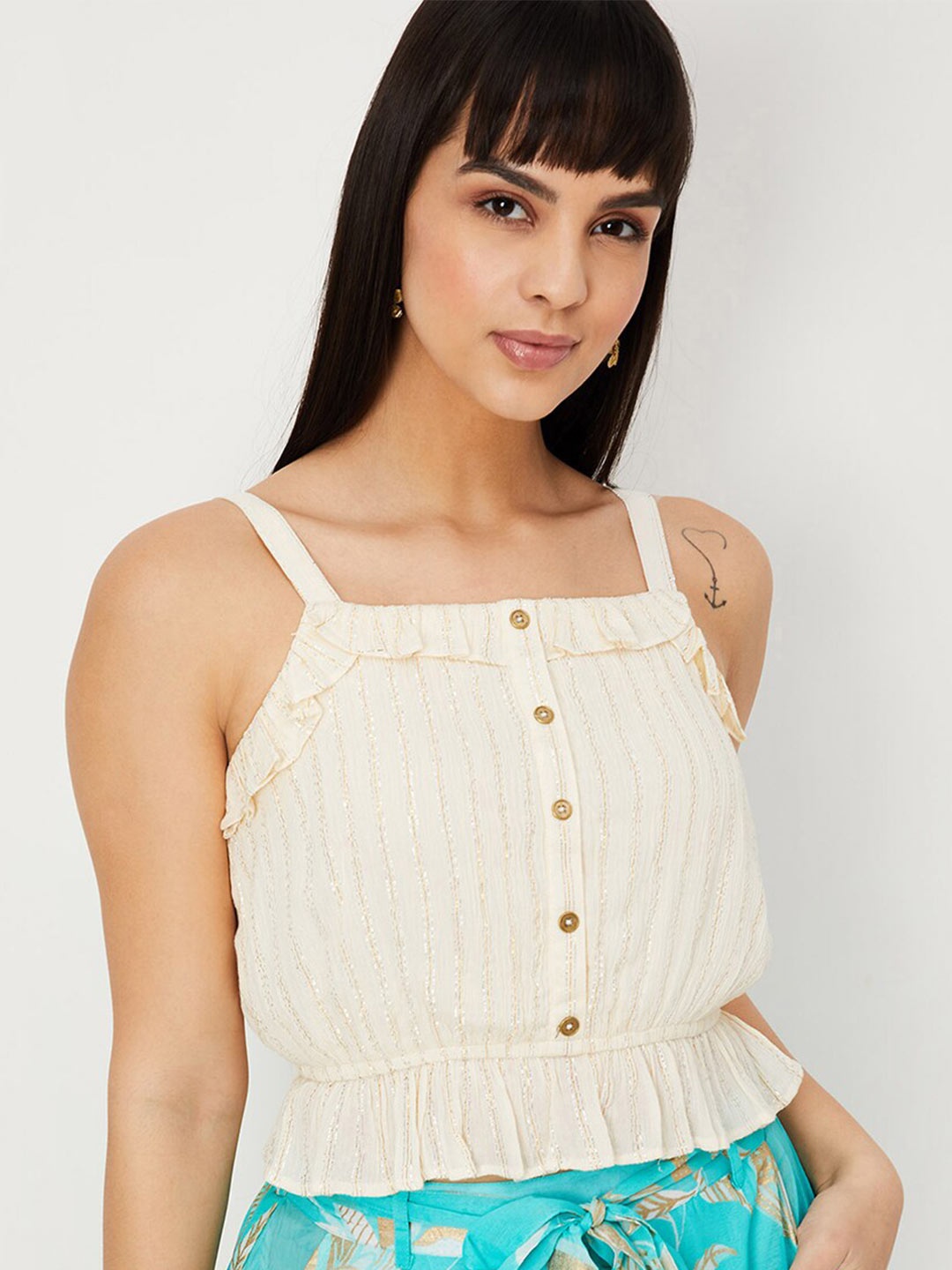 

max Striped Ruffle Crop Top, Beige