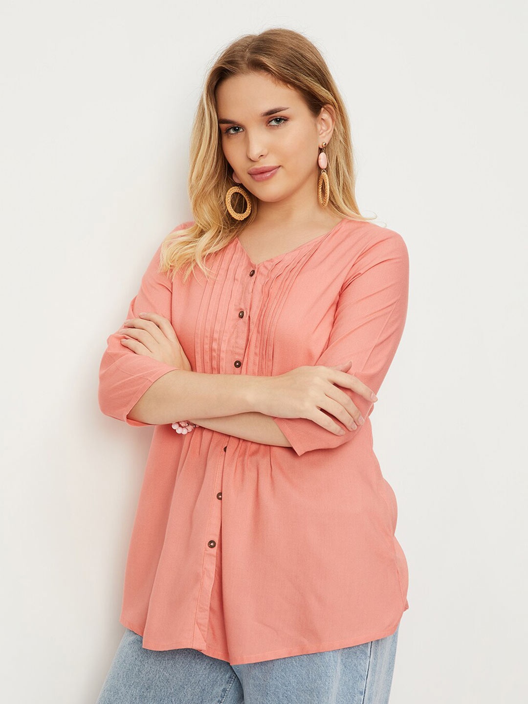 

max V-Neck Spaced Tucks Shirt Style Top, Peach