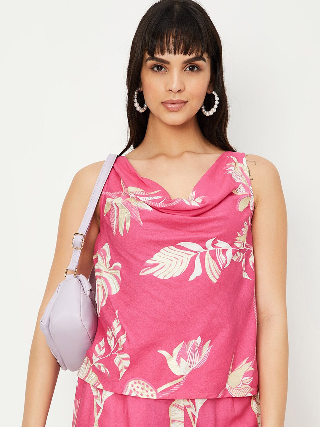 

max Floral Printed Cowl Neck Sleeveless Top, Pink