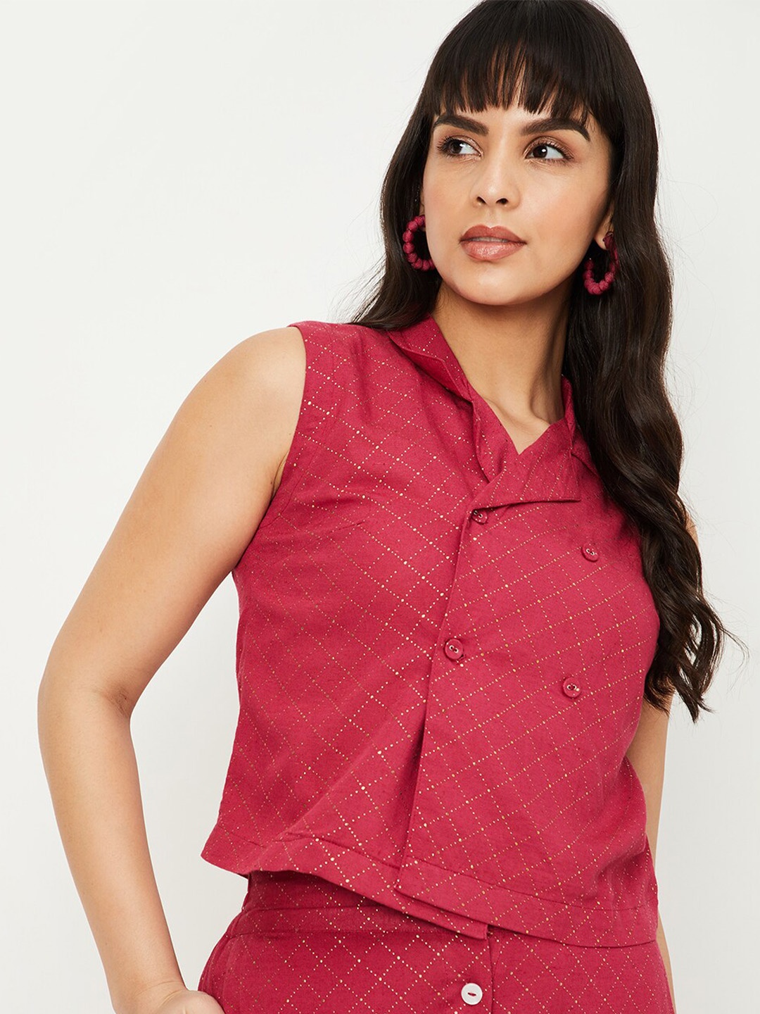 

max Geometric Printed Shirt Style Crop Top, Red
