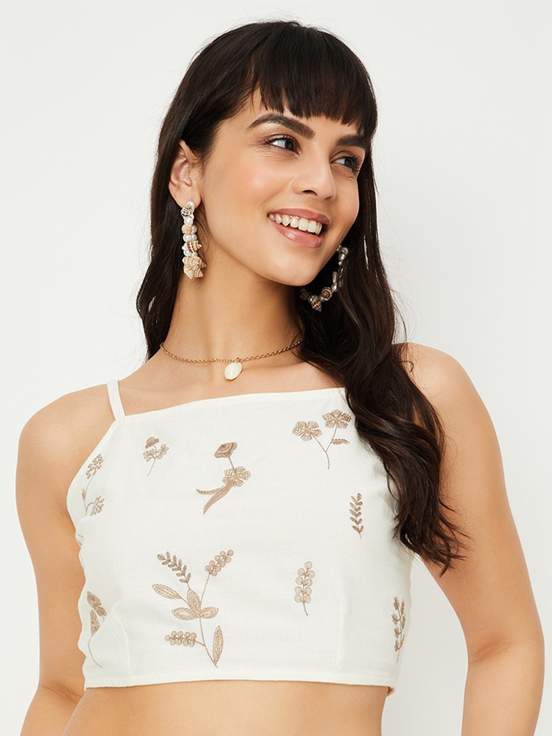 

max Floral Printed Shoulder Straps Smocking Crop Top, Nude