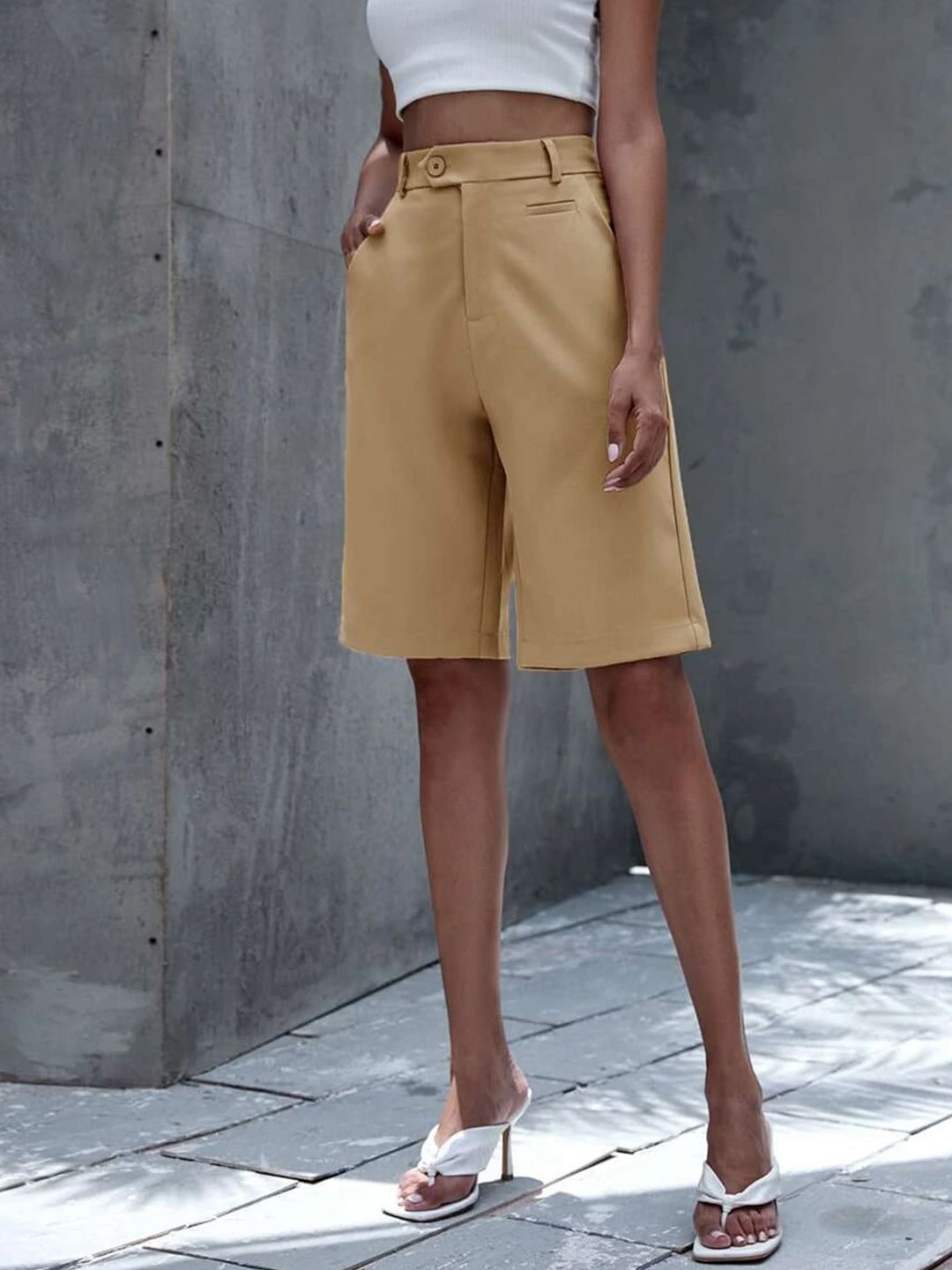 

Styched Women Mid-Rise Cotton Shorts, Beige