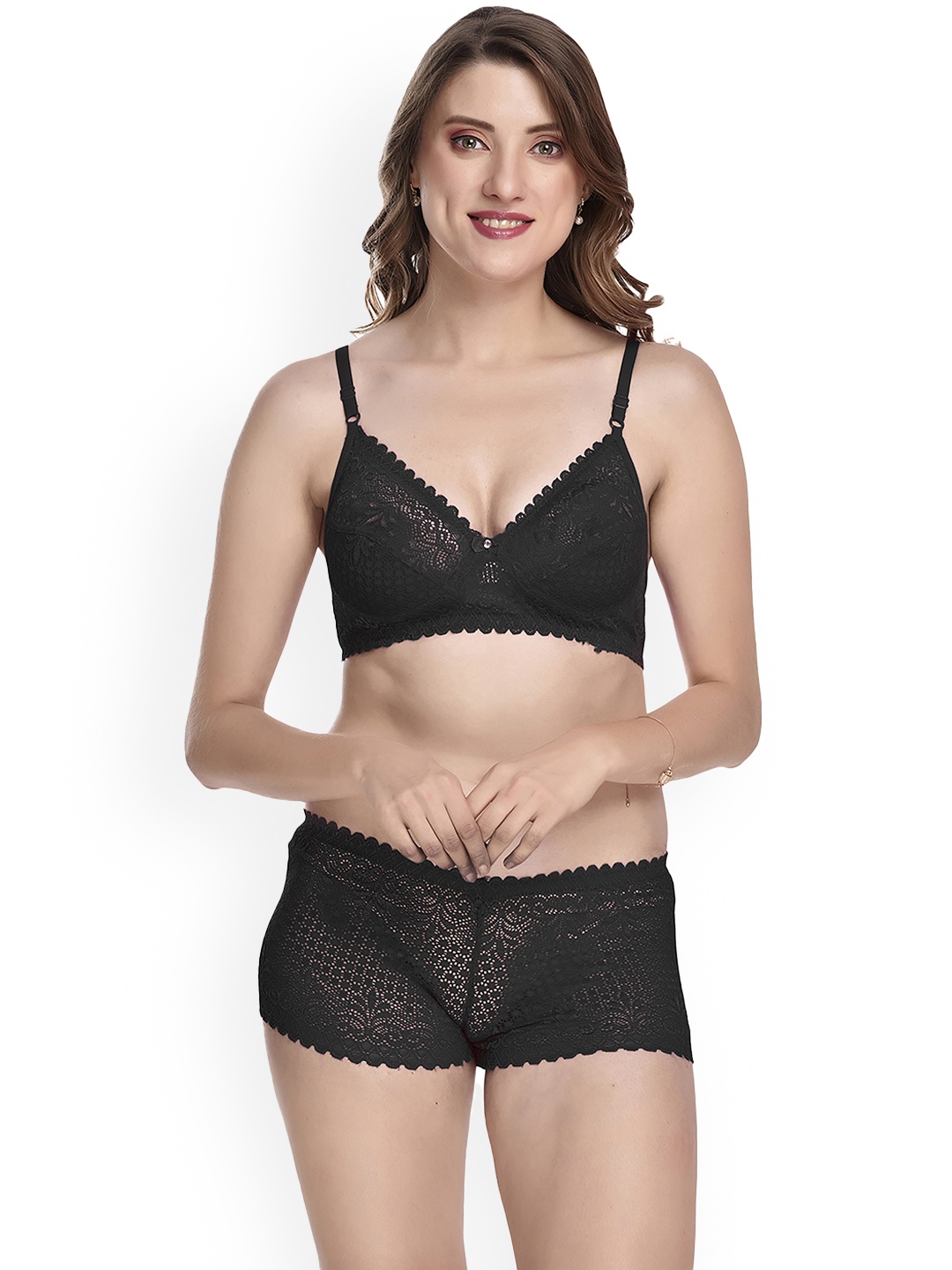 

PIBU Laced Cotton Lingerie Set, Black