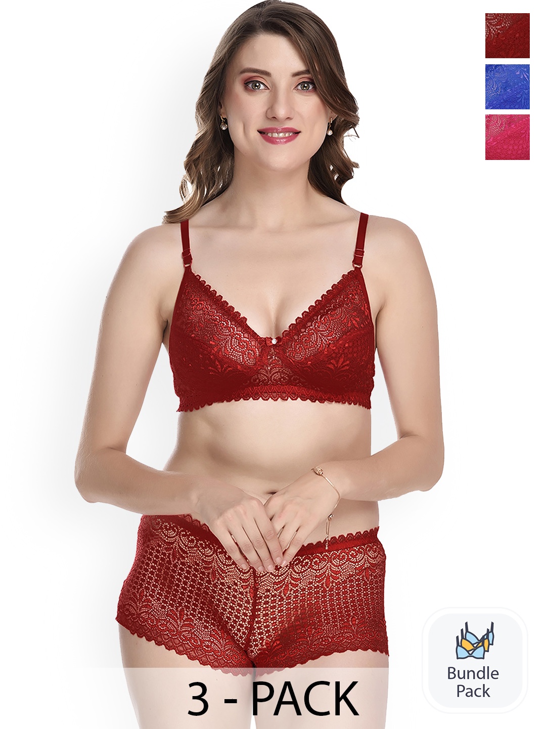 

PIBU Pack Of 3 Self-Design Cotton Lingerie Set, Maroon