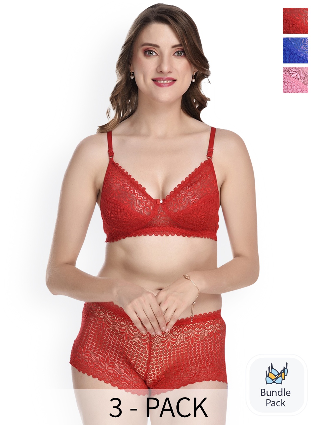 

PIBU Pack Of 3 Self-Design Net Lingerie Set, Red