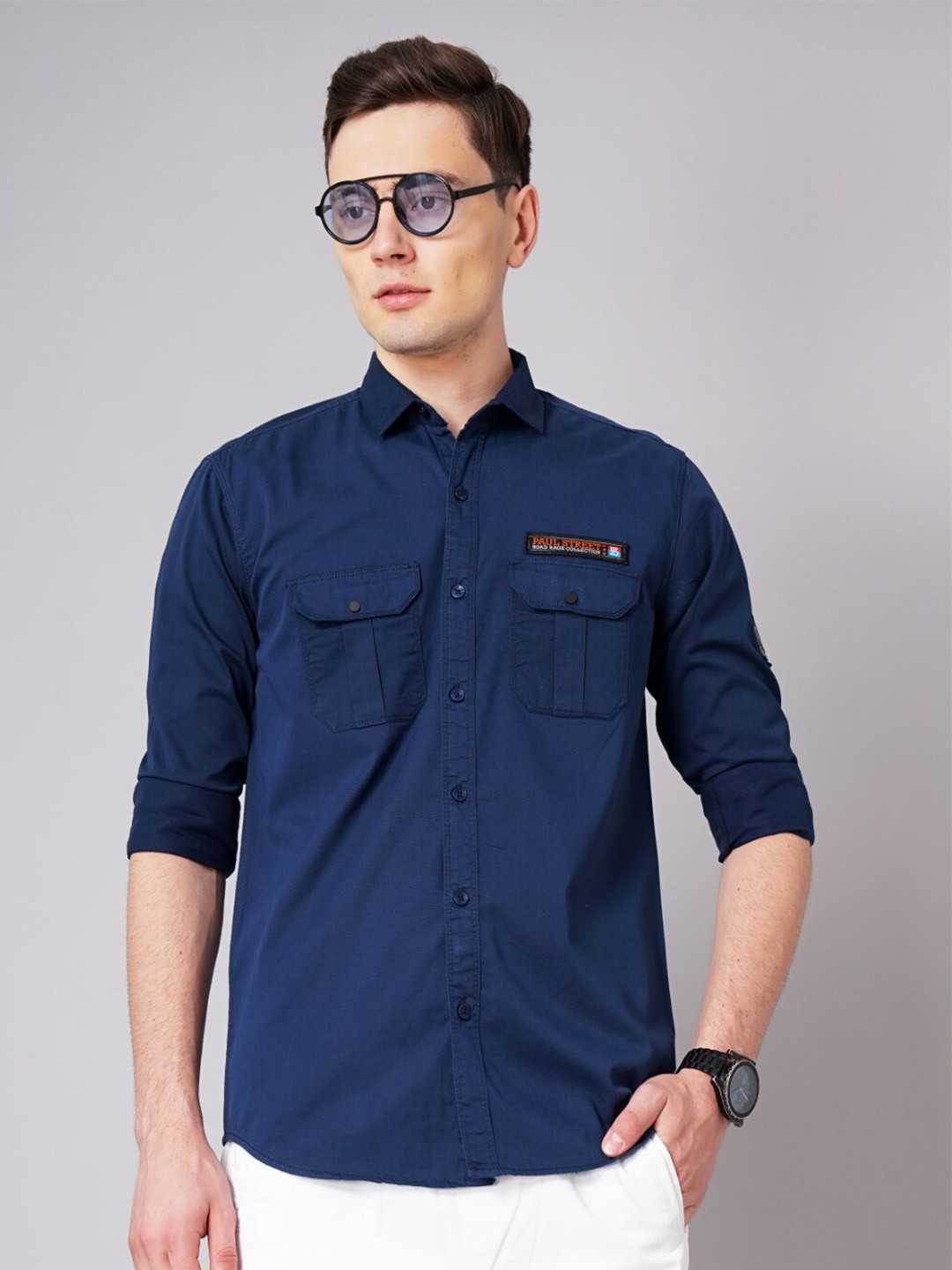 

PAUL STREET Standard Slim Fit Spread Collar Cotton Casual Shirt, Navy blue