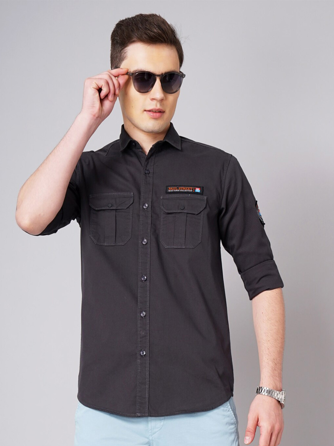 

PAUL STREET Standard Slim Fit Spread Collar Cotton Casual Shirt, Grey