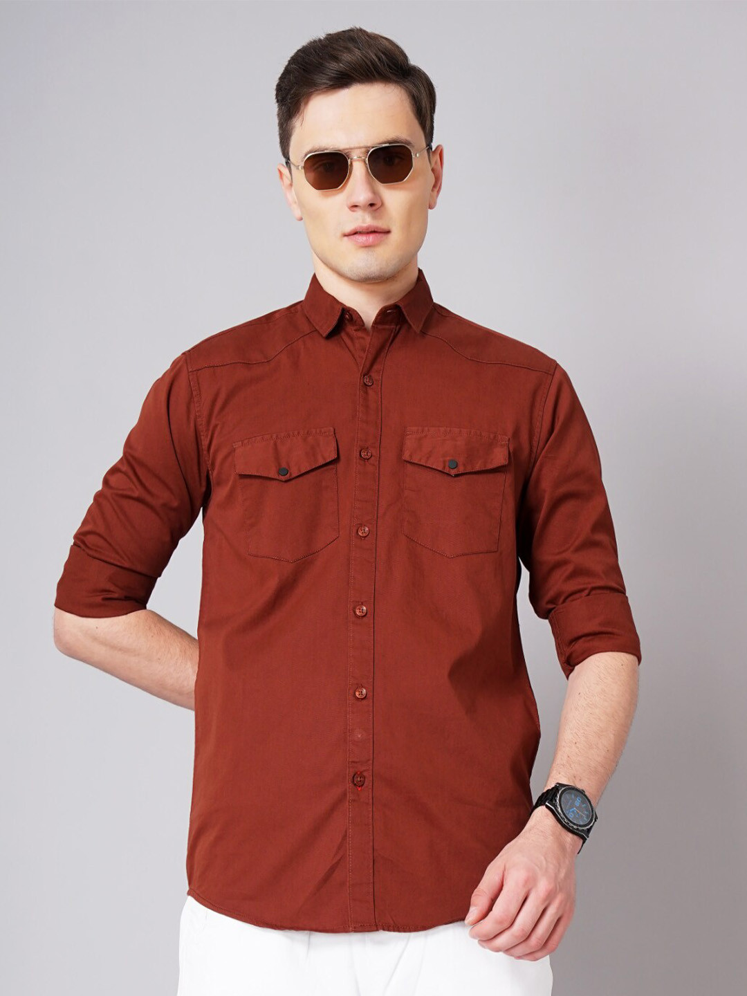 

PAUL STREET Standard Slim Fit Spread Collar Cotton Casual Shirt, Brown