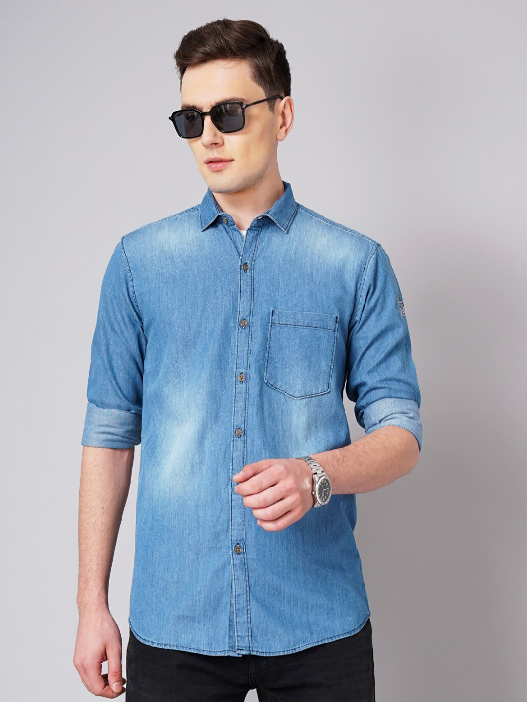 

PAUL STREET Standard Slim Fit Spread Collar Denim Casual Shirt, Blue
