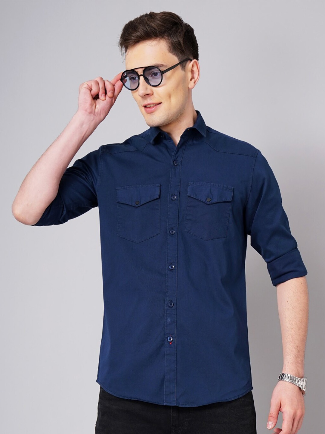 

PAUL STREET Standard Slim Fit Opaque Cotton Casual Shirt, Navy blue