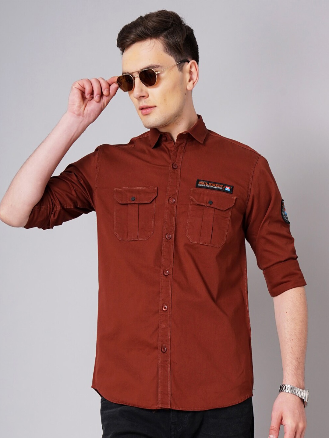 

PAUL STREET Standard Slim Fit Opaque Cotton Casual Shirt, Brown