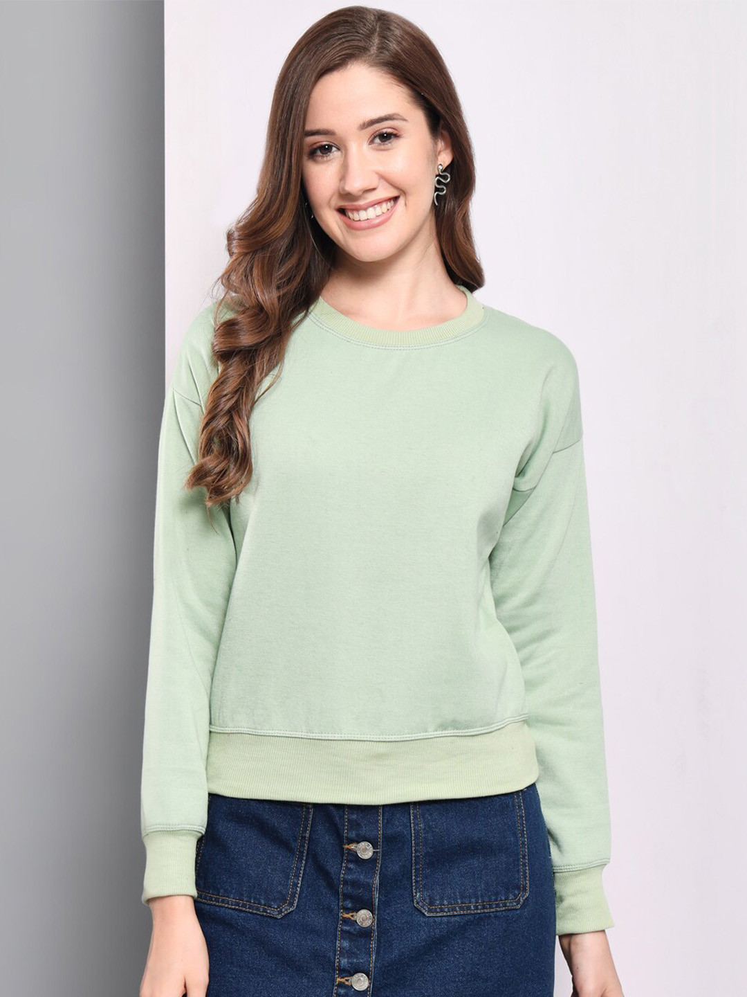 

Funday Fashion Round Neck Long Sleeves Fleece Sweatshirt, Sea green
