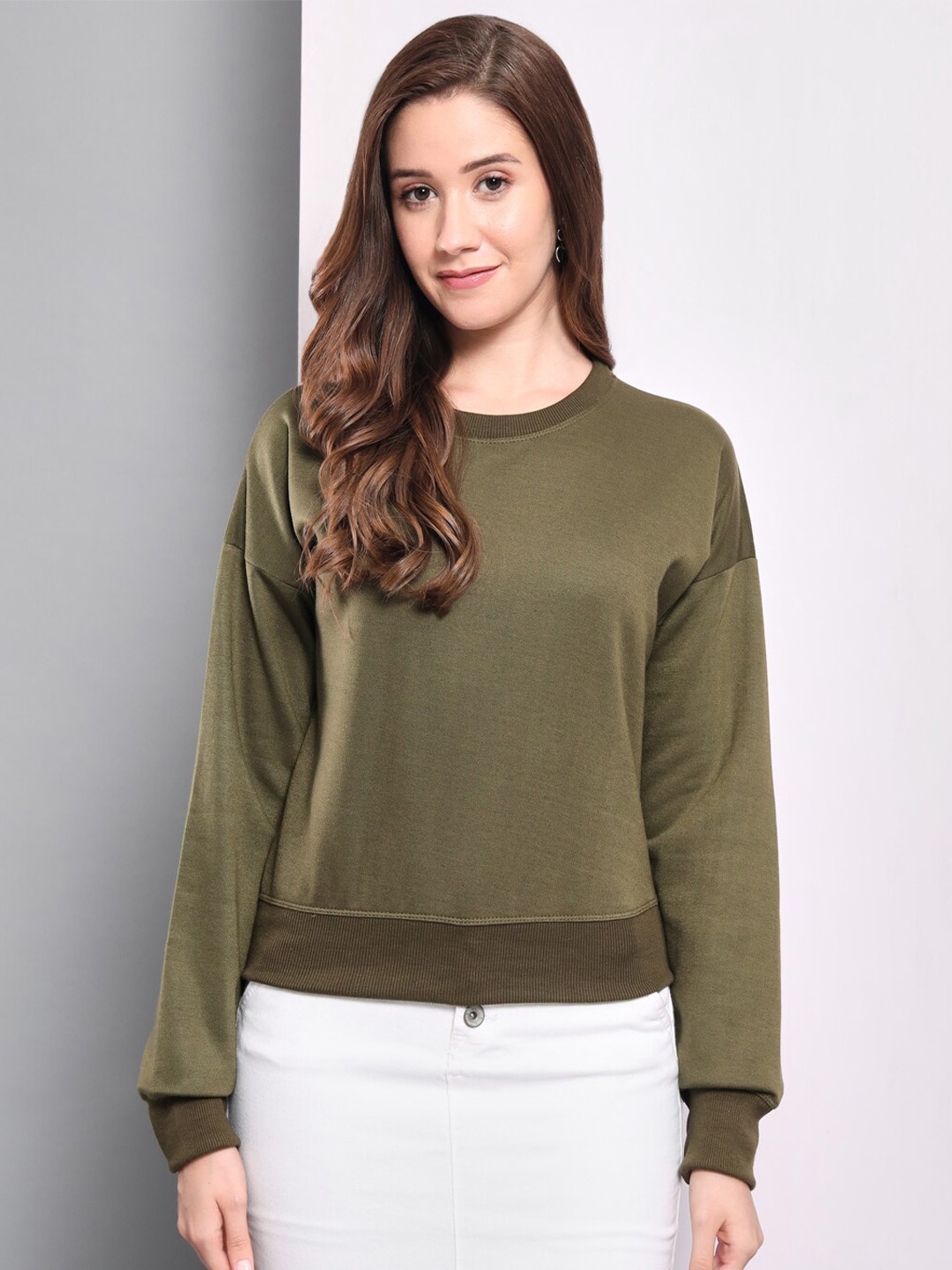 

Funday Fashion Round Neck Long Sleeves Fleece Sweatshirt, Olive