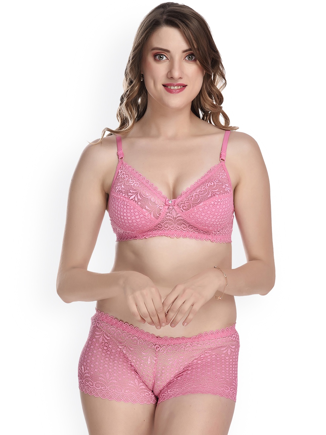 

AROUSY Self Design Net Lingerie Set, Red