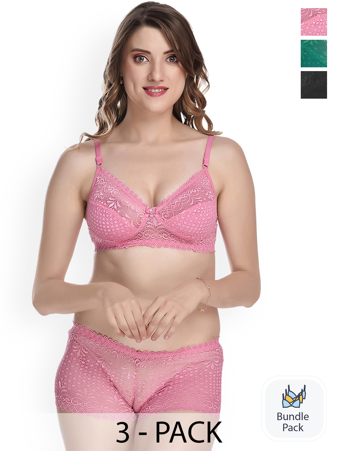 

AROUSY Pack of 3 Self Design Lace Cotton Lingerie Set, Green