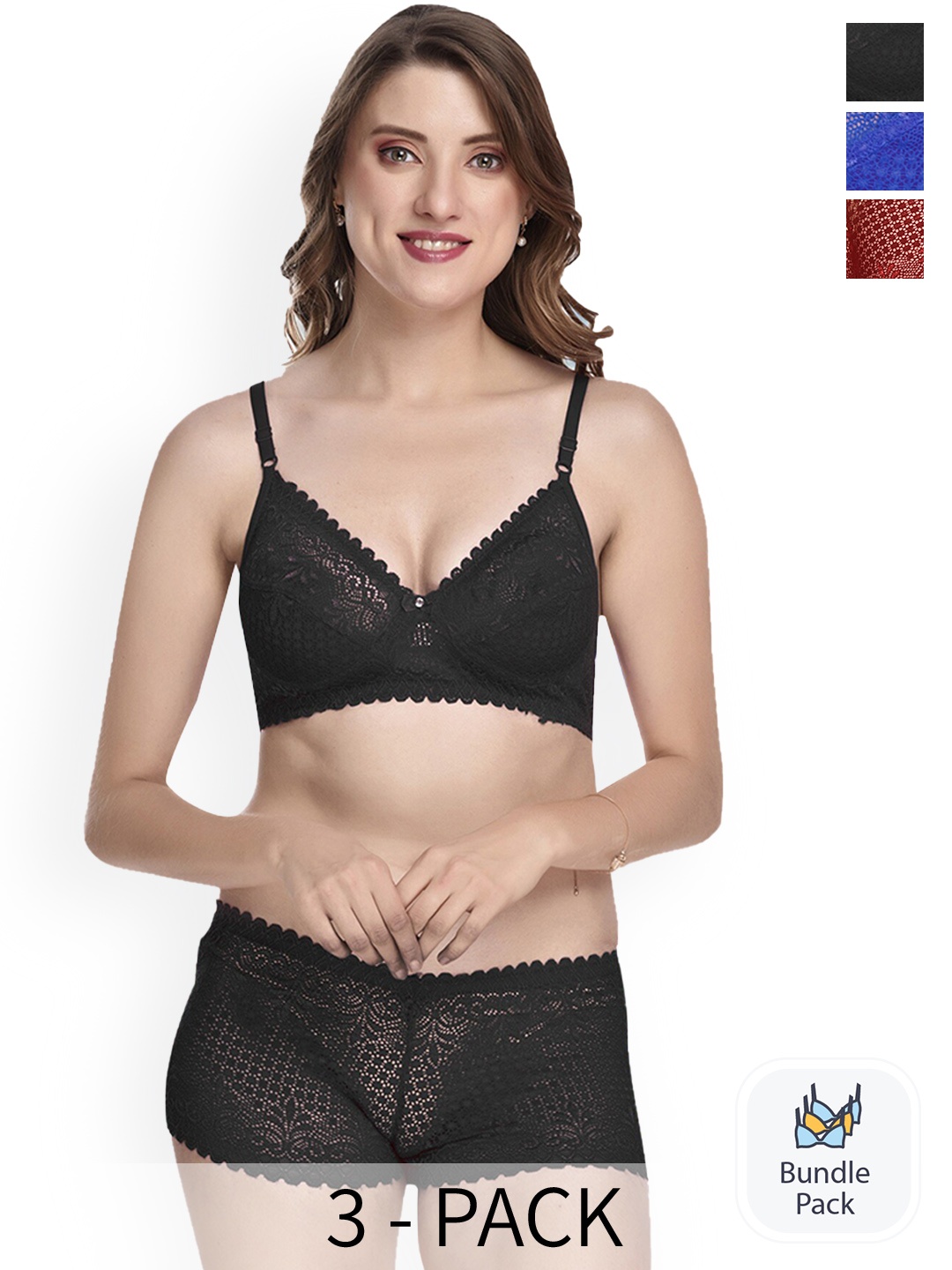 

AROUSY Pack Of 3 Cotton Lingerie Set, Black