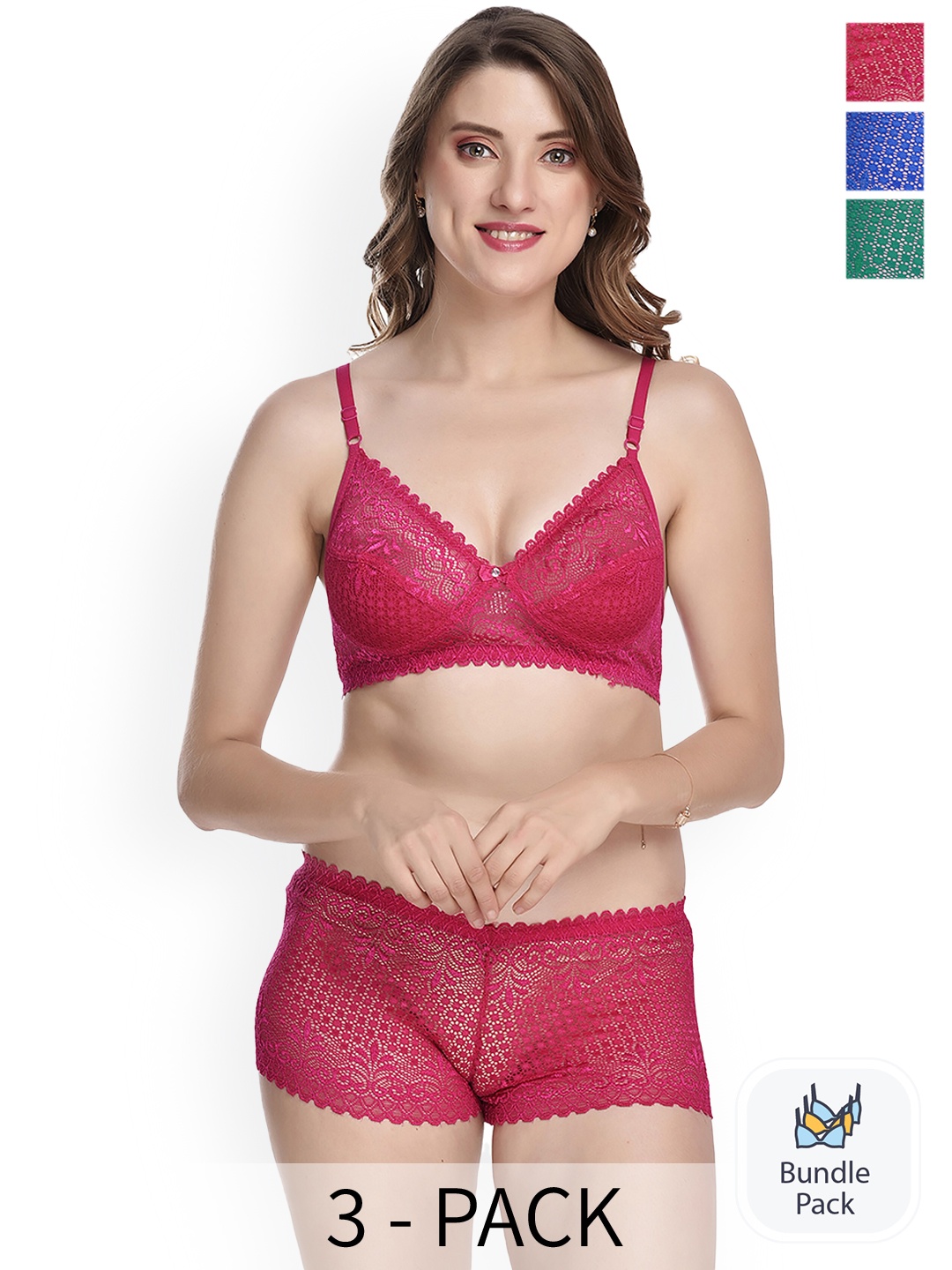 

AROUSY Pack Of 3 Laced Cotton Lingerie Set, Pink