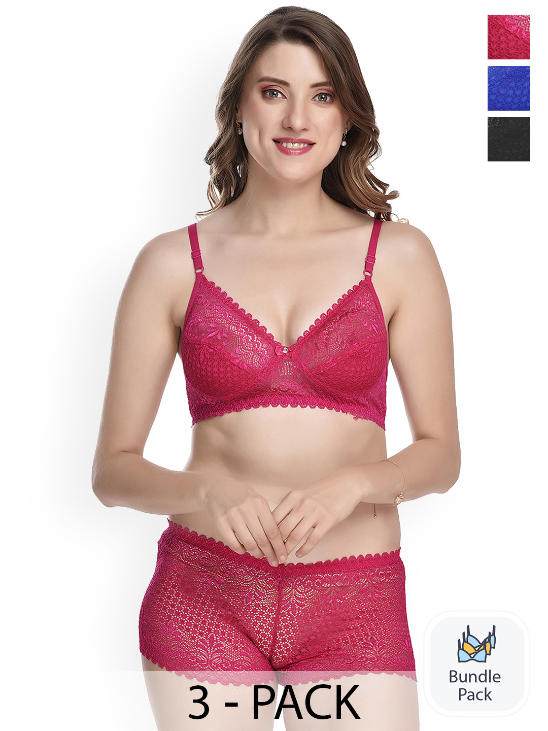

AROUSY Pack Of 3 Laced Cotton Lingerie Set, Pink
