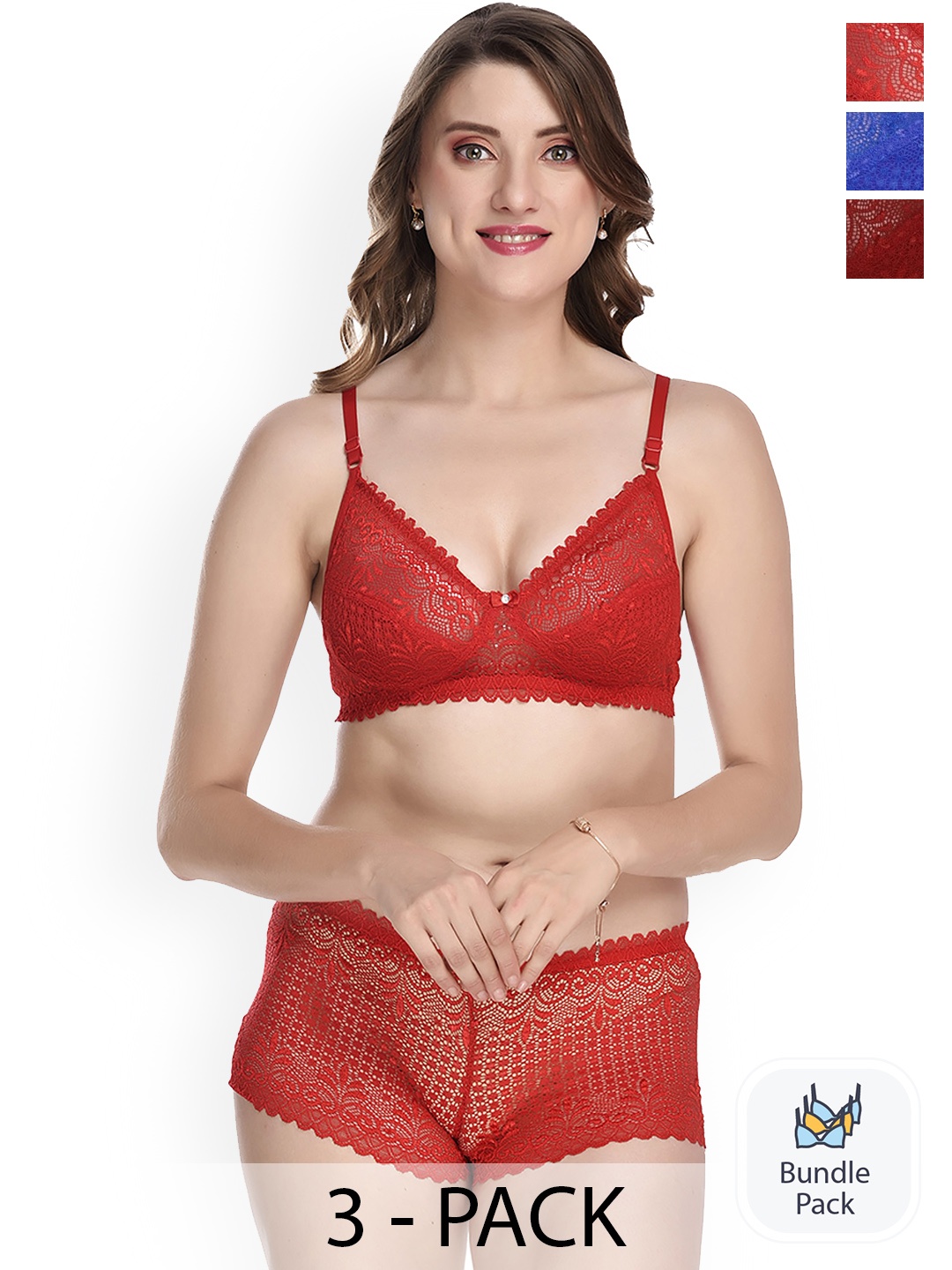 

AROUSY Pack Of 3 Cotton Lingerie Set, Red