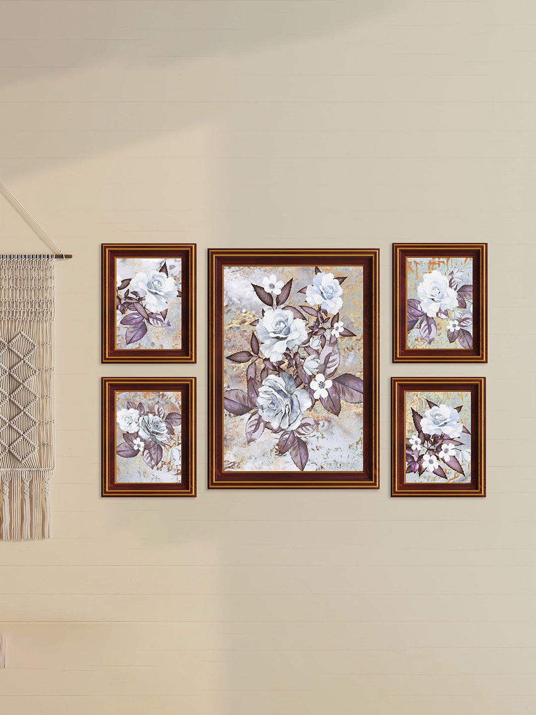 

Art Street Brown & White 5 Pieces Rose Floral Printed Framed Wall Art