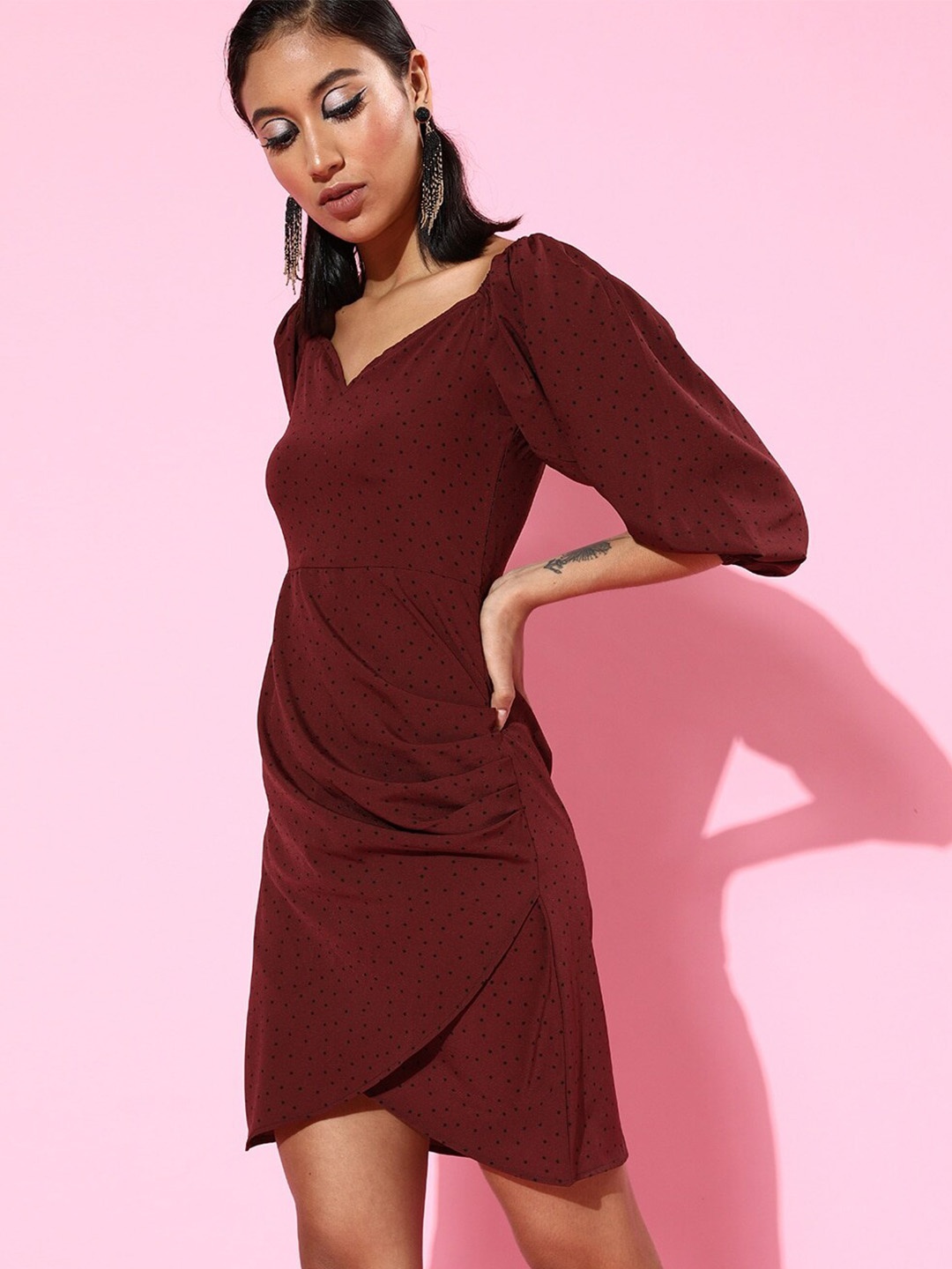 

Sera Burgundy Polka Dots Printed Pleated Puff Sleeves Sheath Dress