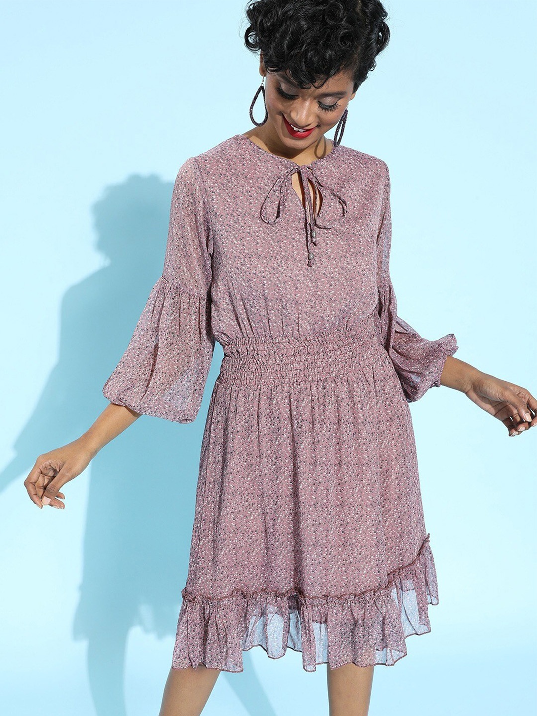 

Sera Mauve Floral Printed Puff Sleeves Smocked A-Line Dress