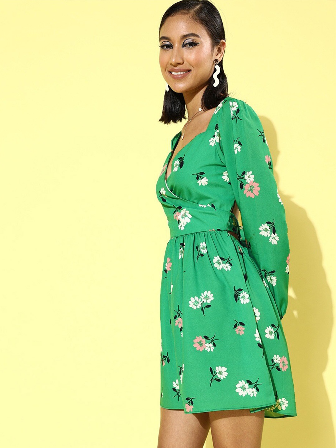 

Sera Green Floral Printed Tie Ups A-Line Dress