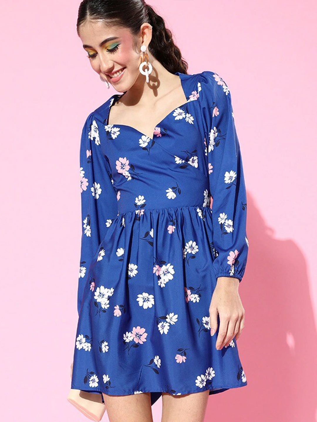 

Sera Blue Floral Printed Tie Ups A-Line Dress