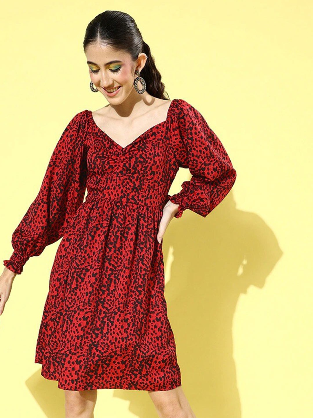 

Sera Red Animal Printed Puff Sleeves Gathered A-Line Dress