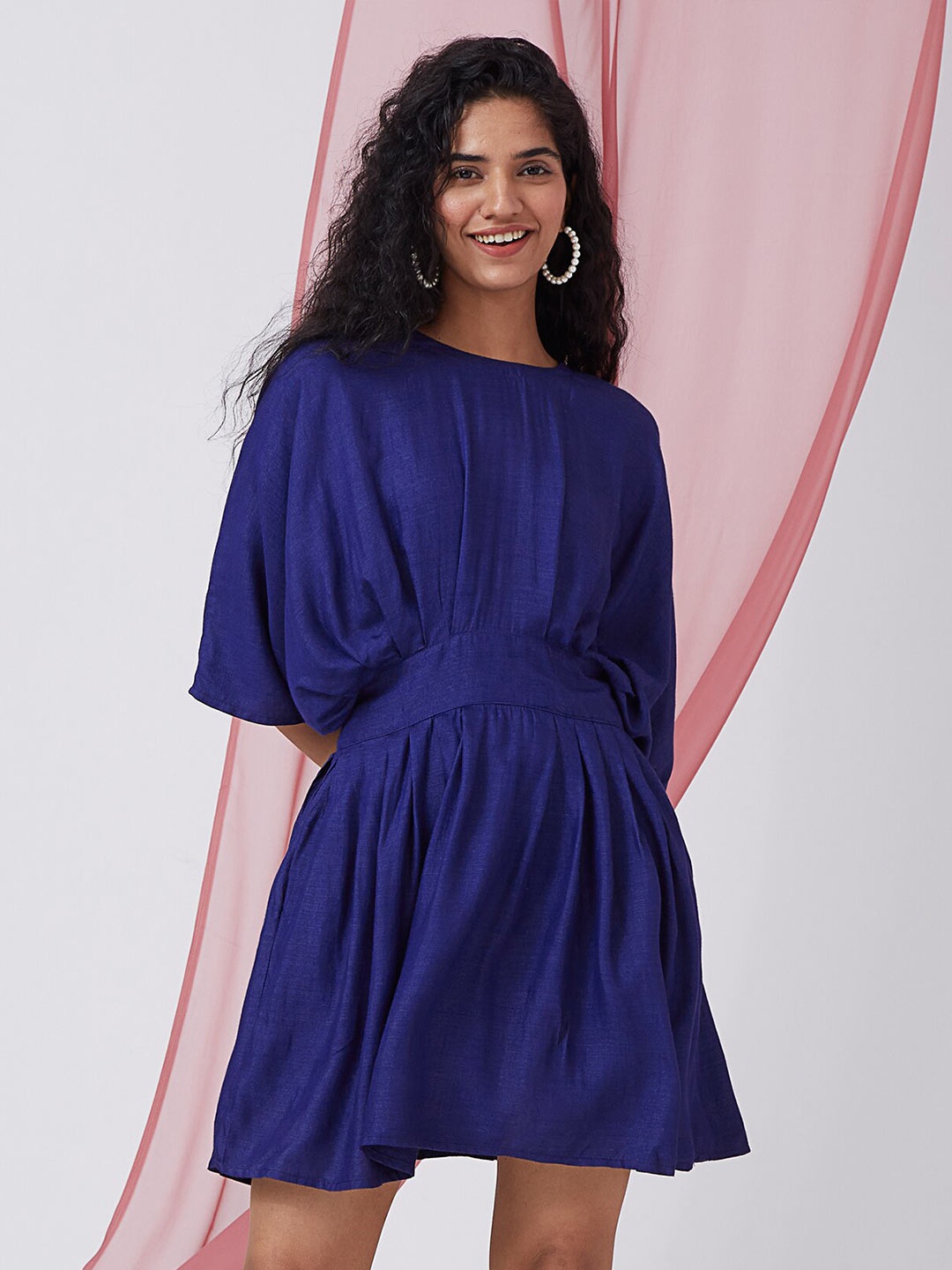 

OKHAI Belt Detailed Boat Neck Extended Sleeves Silk Fit & Flare Dress, Blue