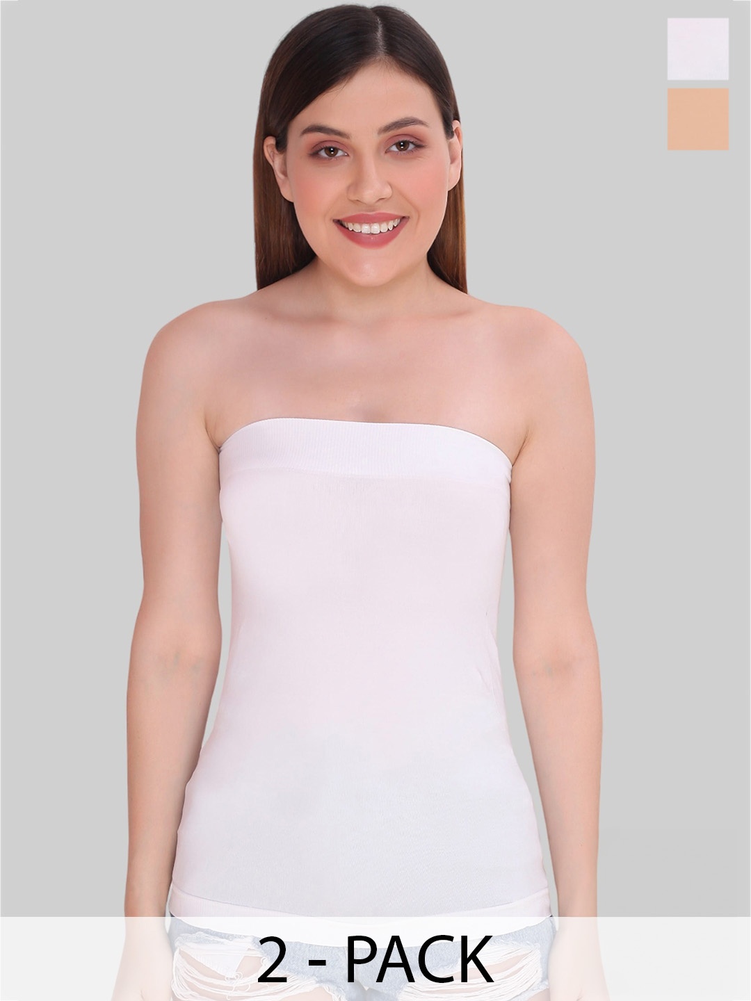 

PLUMBURY Pack Of 2 Strapless Tube Camisoles, Beige