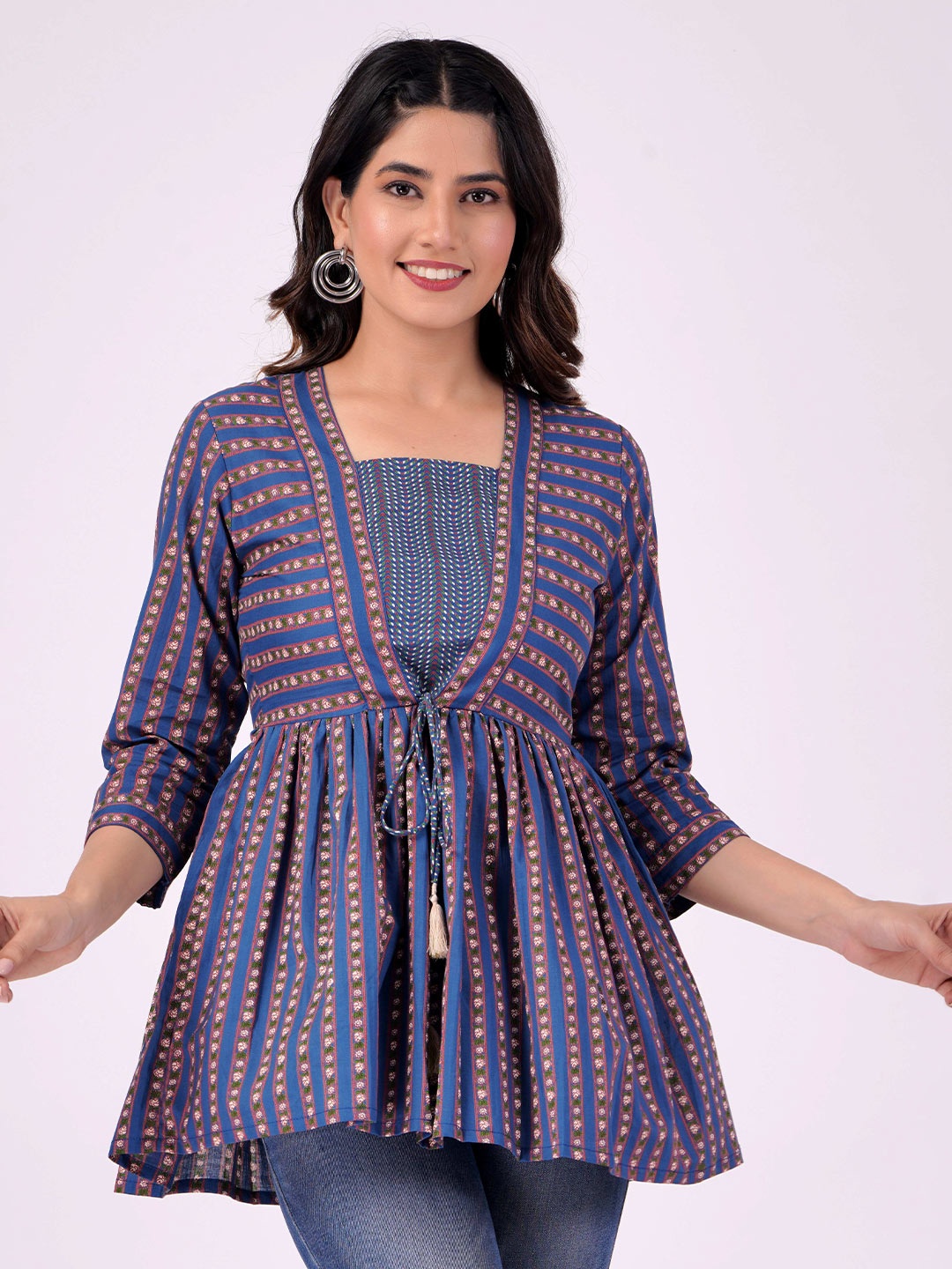 

PARCHHAI Geometric Printed Square Neck Cotton A-Line Top, Blue