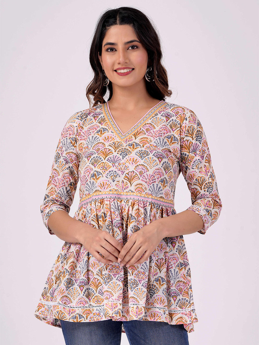 

PARCHHAI Floral Printed V-Neck Pure Cotton Peplum Top, Pink