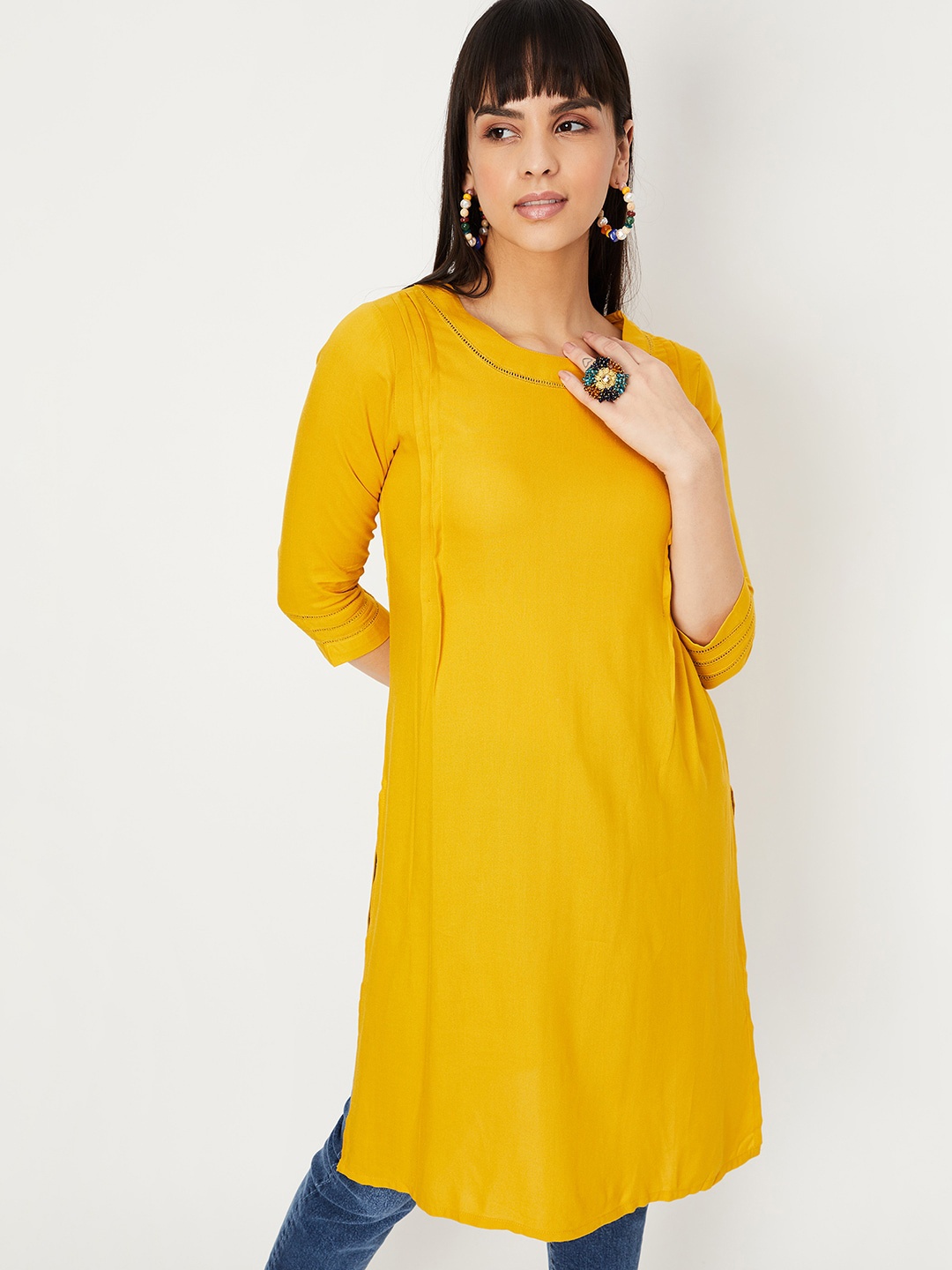 

max Round Neck Kurta, Yellow