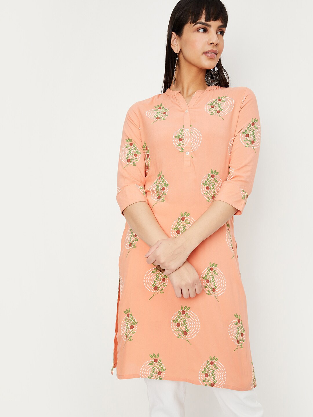 

max Floral Printed Straight Mandarin Collar Kurta, Orange