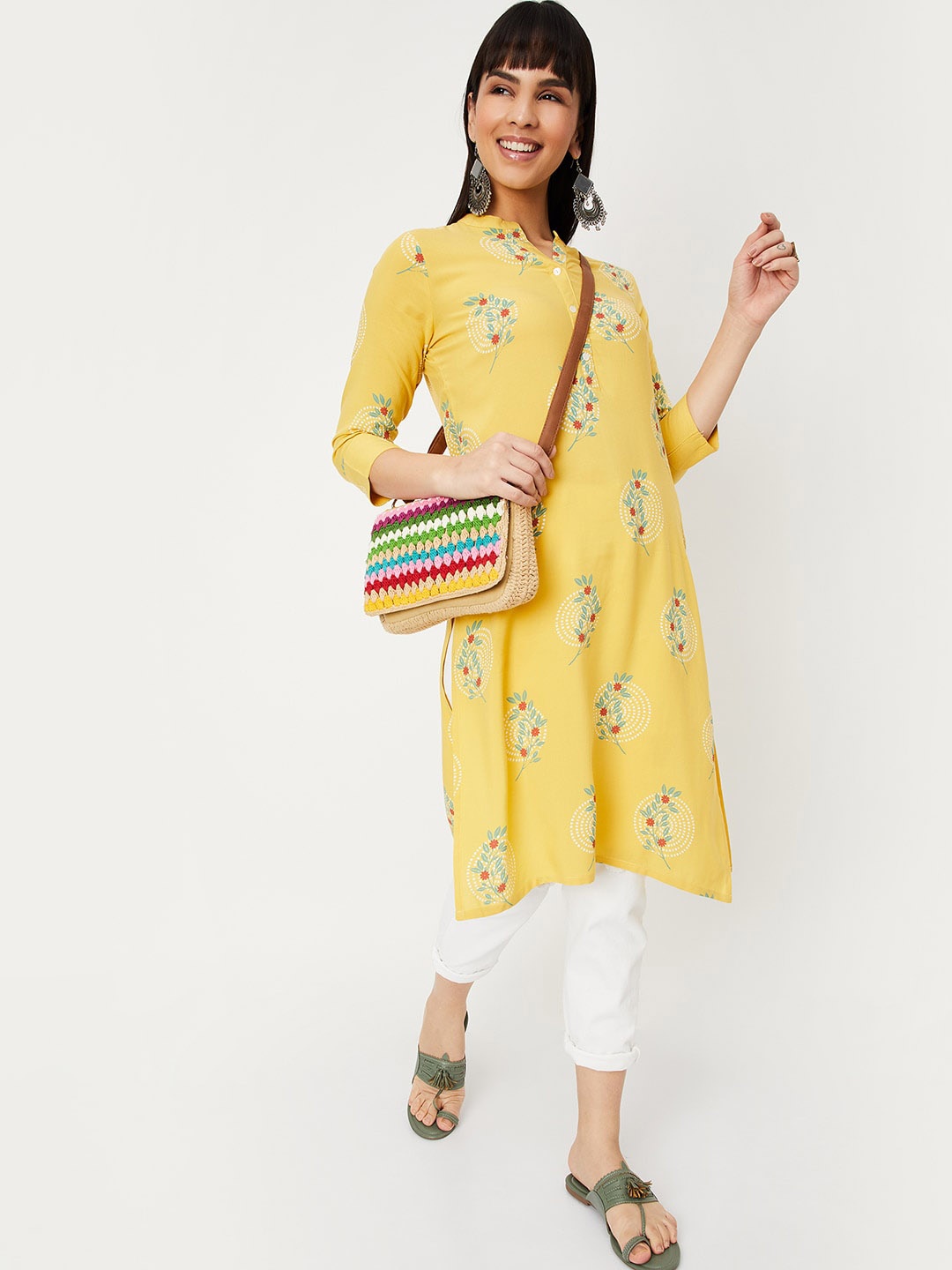 

max Floral Printed Mandarin Collar Straight Kurta, Yellow
