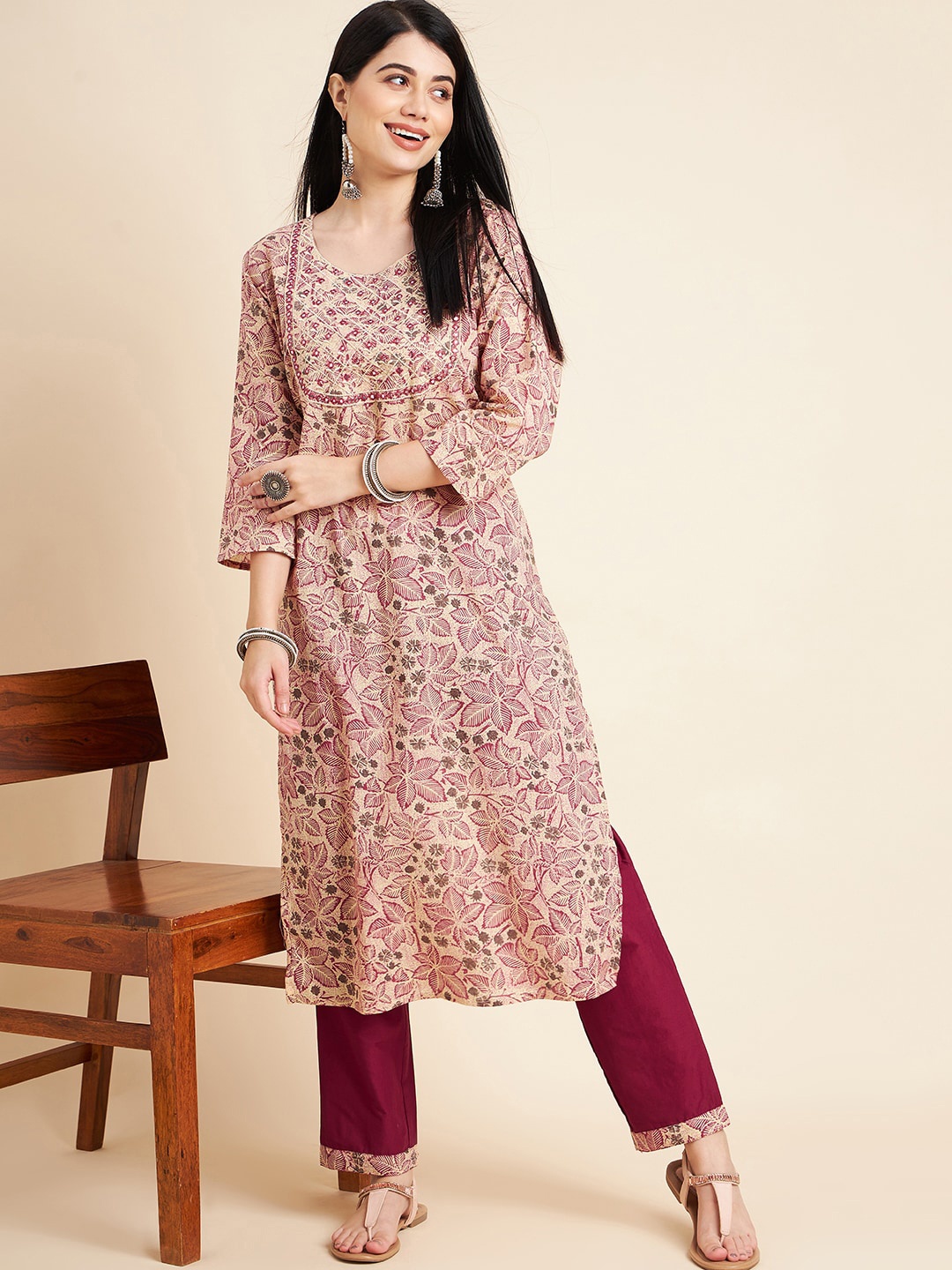 

DIVYANK Ethnic Motifs Printed Pure Cotton Kurta with Trousers, Maroon