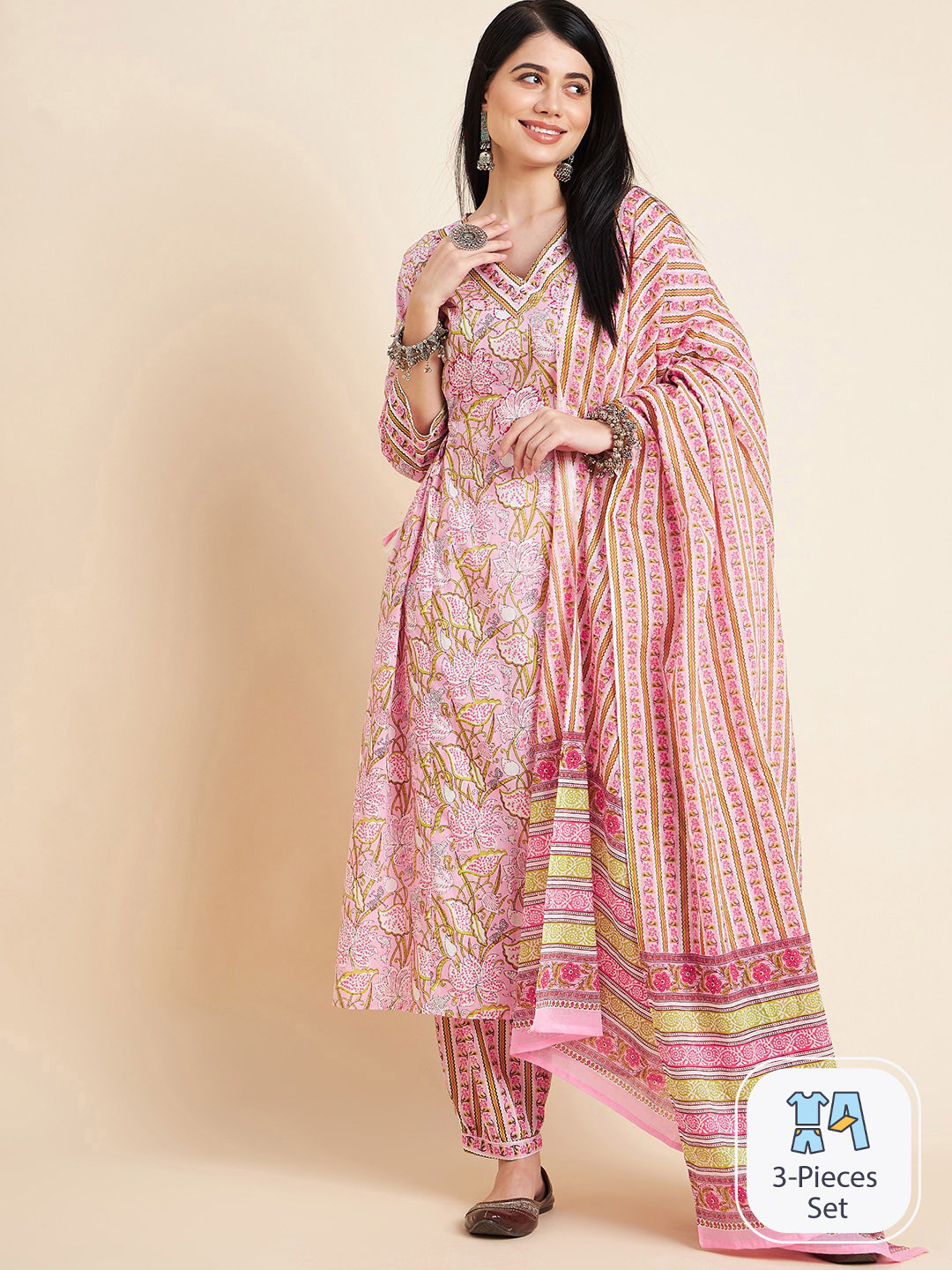 

DIVYANK Floral Printed Regular Pure Cotton Kurta with Trousers & Dupatta, Pink