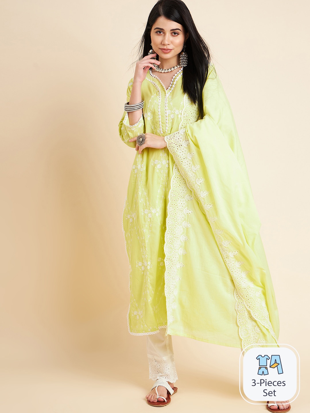 

DIVYANK Floral Embroidered Regular Thread Work Pure Cotton Kurta with Trousers & Dupatta, Yellow