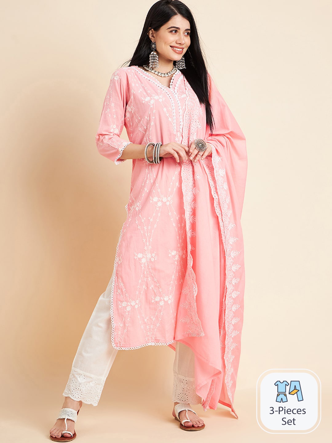 

DIVYANK Floral Embroidered Thread Work Pure Cotton Kurta with Trousers & Dupatta, Pink