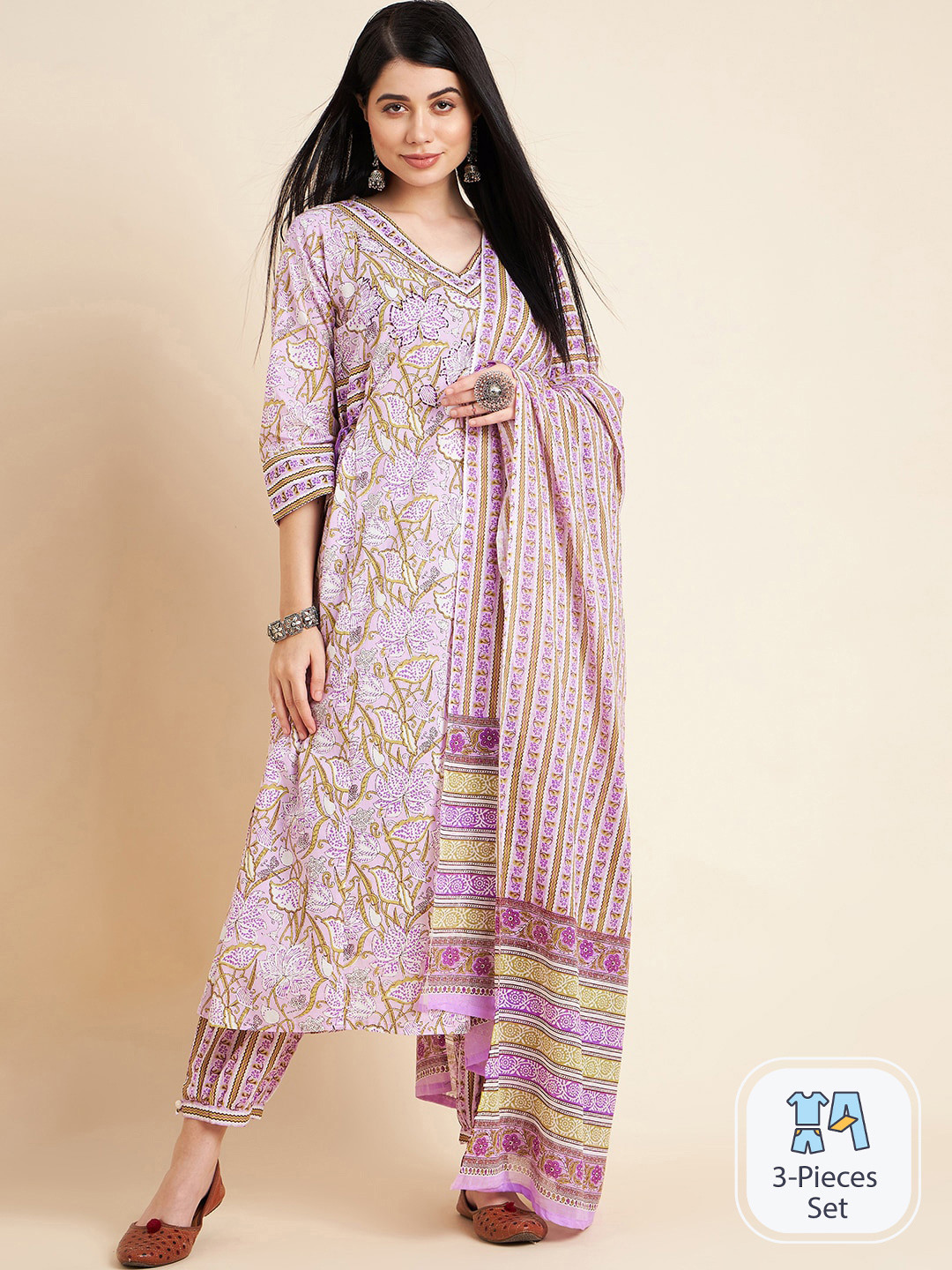 

DIVYANK Floral Printed Regular V-Neck Pure Cotton Kurta with Trousers & Dupatta, Purple