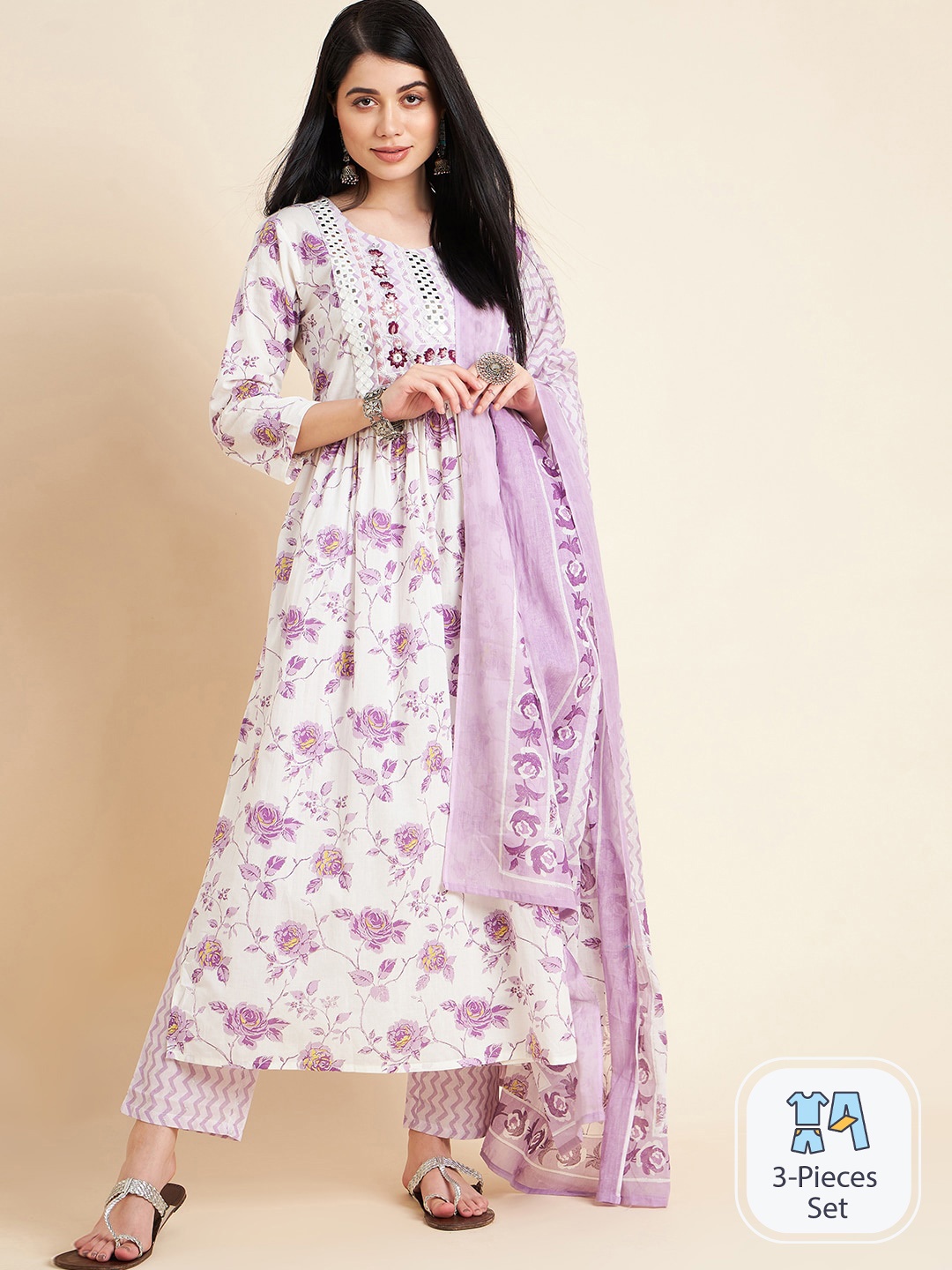 

DIVYANK Floral Printed Regular Pure Cotton Kurta with Trousers & Dupatta, Purple