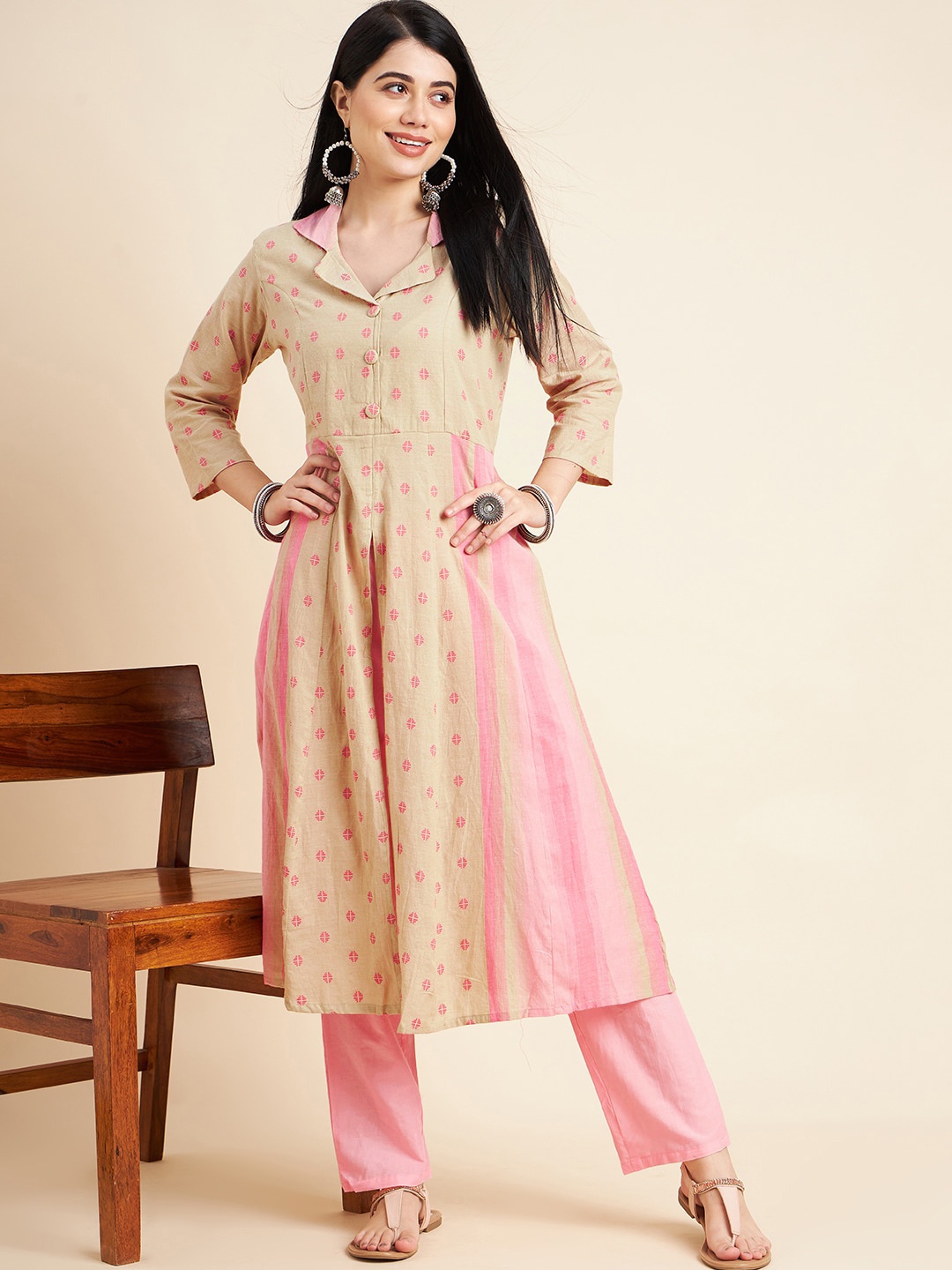 

DIVYANK Ethnic Motifs Printed Cuban Collar A-Line Pure Cotton Kurta with Trousers, Beige