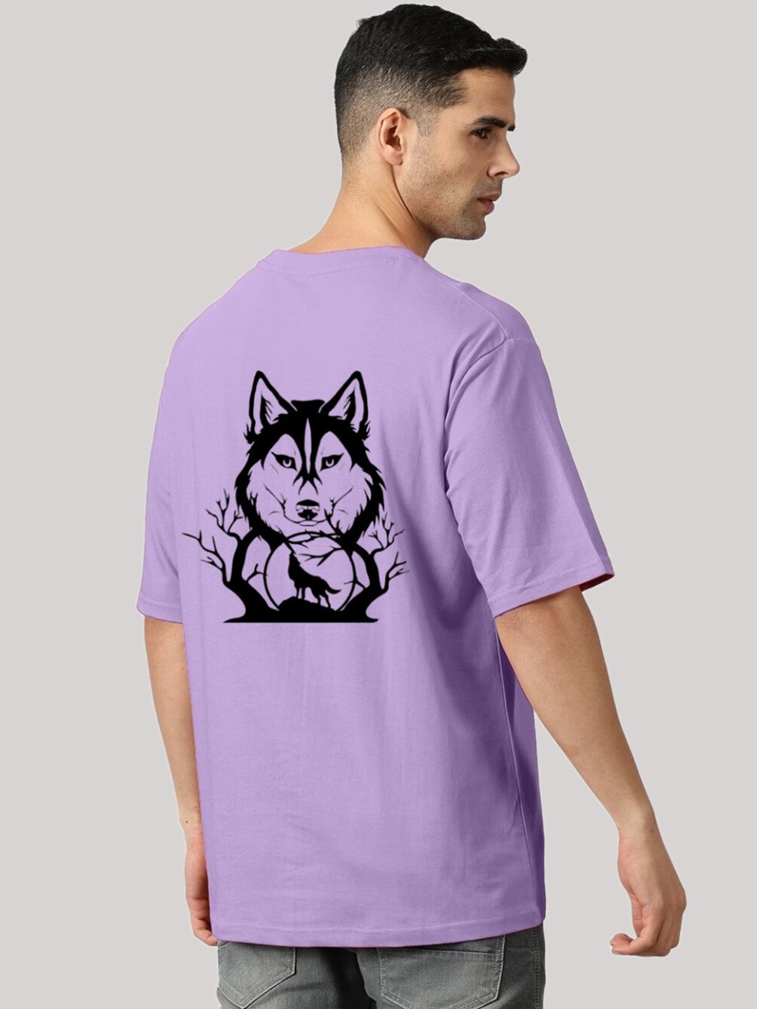 

Elibolz Graphic Printed Drop Shoulder Sleeves Oversized Cotton T-Shirt, Lavender