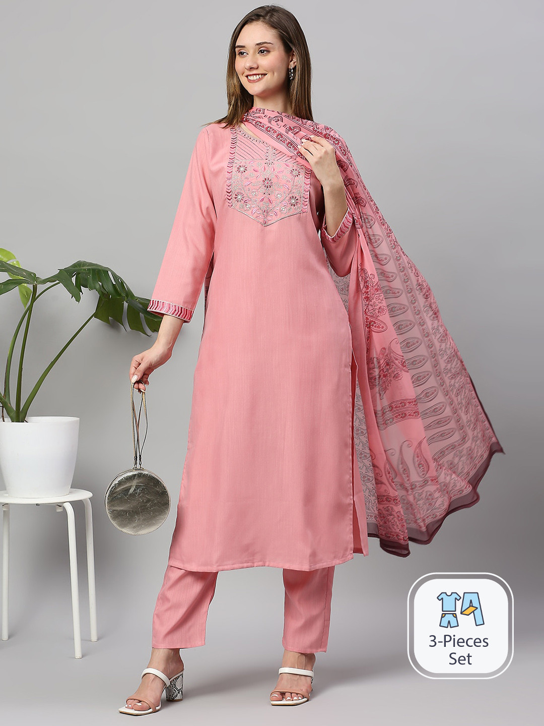

Anuthi Floral Yoke Design Thread Work Kurta with Trousers & With Dupatta, Pink